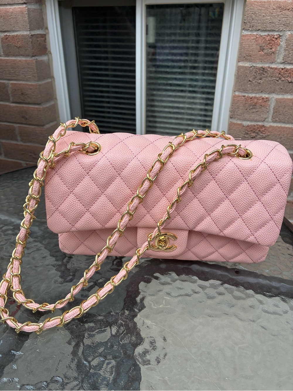 Pink Quilted Shoulder Flap Bag with Gold Hardware